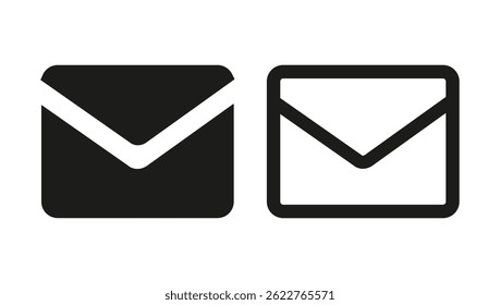 two simple vector envelope icons, one filled and one outlined, representing email, message, or communication concept in a clean flat design style