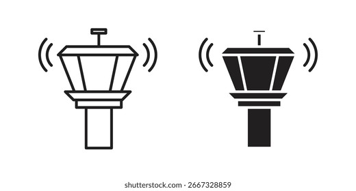 Zwei einfache Vektorsymbole, die einen Flughafenleitturm darstellen, eines in Umrissen und eines in Schwarz, einzeln auf Weiß.