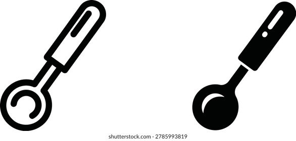 Two simple vector icons represent a melon baller scoop one outlined and one solid black. Useful for culinary design.
