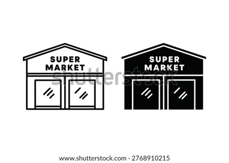 Two simple vector icons represent a supermarket building, one in an outline style and the other in solid black. Ideal for retail concepts, business icons, or shopping graphics.