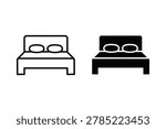 Two simple vector illustrations of a bed with two pillows. One is a line art icon, the other is a solid black filled icon.