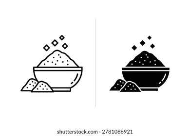 Two simple vector illustrations of a bowl filled with powder, with small piles of powder beside it. One is a line drawing, the other is a solid silhouette.