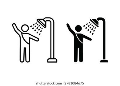 Two simple vector illustrations of a person standing under a shower head with water spraying. One is a line drawing, the other a solid silhouette.