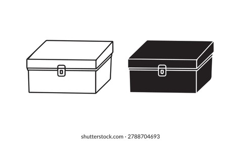 Two simple vector illustrations of a rectangular storage box with a latch, presented in both outline and solid black styles.