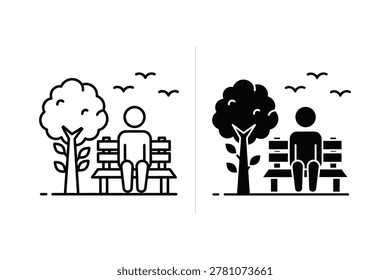 Two simple vector illustrations show a person sitting alone on a park bench next to a tree. Birds fly in the sky above.