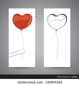 Two simple vertical Valentine cards showing heart-shaped balloon, back and front side, in vector