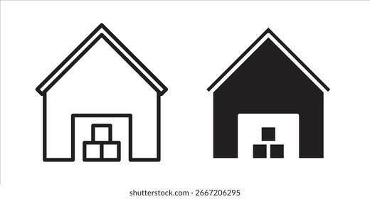 Two simple warehouse icons, one line art and one solid black, each showing boxes inside. Isolated on white.