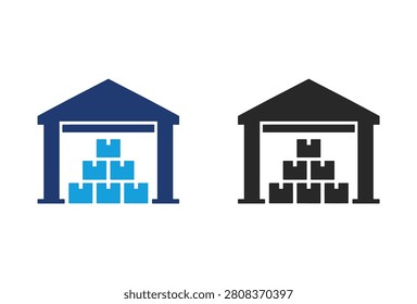 Two simple warehouse storage icons, one blue and one black, showing stacked boxes inside.