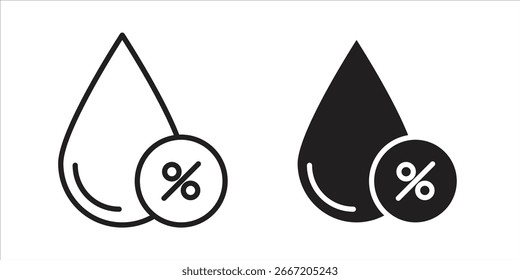 Dos iconos simples de gotas de agua, uno negro y otro de contorno, cada uno emparejado con un símbolo de porcentaje. Aislado en blanco.