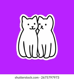 Two simple white cartoon cats facing each other, outlined in black, on a vibrant purple background