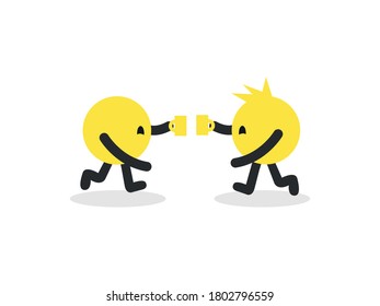 Dos personajes redondos simples de color amarillo sosteniendo una bebida alentando