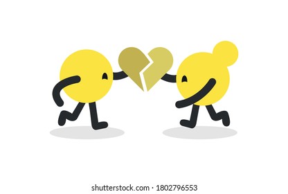 Two Simple Yellow Round Characters Giving a Half Piece of the Heart