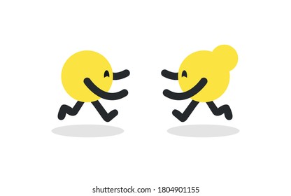 Two Simple Yellow Round Characters Boy and Girl Running Towards Each Other