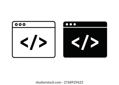 Two simplified browser window icons display the coding symbol  in both black and white versions. This clean graphic is ideal for representing programming, web development, or digital concepts in marketing and design.