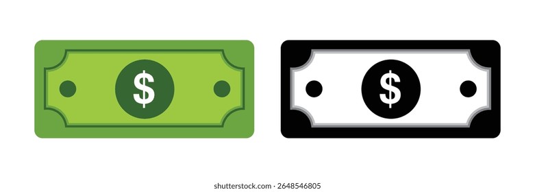 Duas cédulas de dólar simplificadas, uma verde e outra preta e branca, simbolizam finanças e moeda.