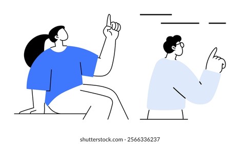 Two simplified characters, one seated and one standing, point upwards, suggesting ideas or attention. Ideal for creativity, teamwork, brainstorming, education, and communication themes. Simple, clean