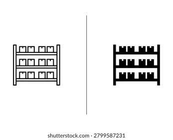 Two simplified graphic representations of a threetiered shelf unit holding multiple stacked boxes are shown