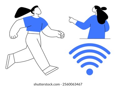 Two simplified human figures in blue clothing interact, with one running and the other pointing. A wireless symbol appears nearby. Ideal for technology communication internet connection teamwork