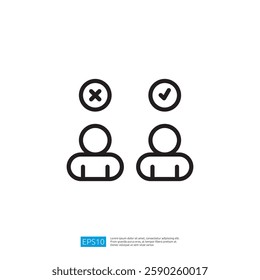 two simplified human figures with a checkmark above one and a cross above the other, symbolizing approval and disapproval. Illustration icon