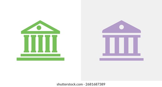 Two simplified icons of classical buildings with columns, one green and one purple, presented side by side on a light gray background.