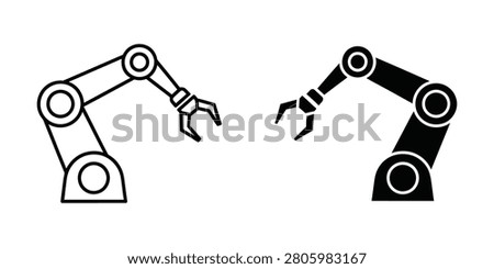 Two simplified industrial robotic arm icons one outlined and one solid black on a clean white backdrop. Ideal for manufacturing and technology concepts.