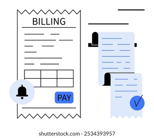 Two simplified receipts are shown with billing details. One has a bell icon for payment reminders and a pay button. Ideal for finance management, online payments, invoicing, accounting, and bill