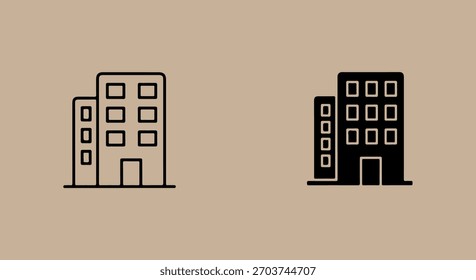Dos iconos simplificados y estilizados de edificios de oficinas modernos, uno delineado y otro negro sólido, sobre un fondo neutro.