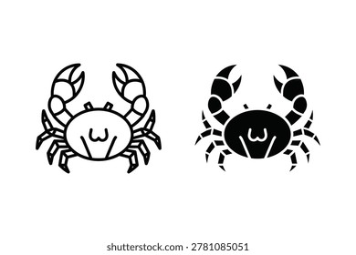 Two simplified vector illustrations of a crab, one in line art style and the other as a solid silhouette. Both feature a distinct facial expression.