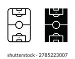 Two simplified vector illustrations of a soccer field, one in outline and one in solid black with white lines. Both show the center circle, penalty areas, and goals.