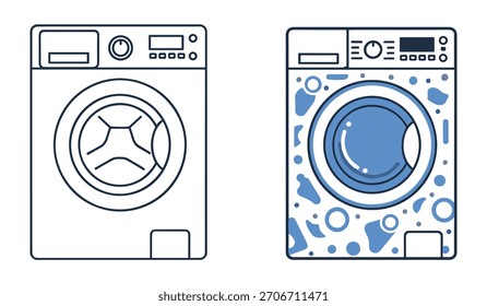 Two simplified washing machine icons side by side one is a plain outline the other has blue abstract shapes and circles.