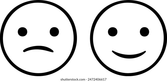 Two simplistic face emoticons, one with a frown and one smiling, depicting contrasting emotions.