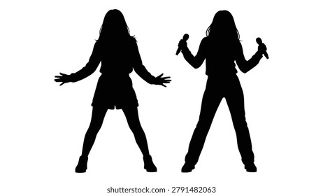 Two singer silhouettes are depicted holding microphones, set against a plain white background. The figures are entirely black, creating a stark contrast.