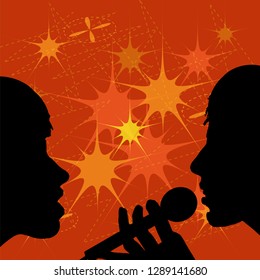Two singers sing a duet. Silhouettes on an orange background with abstract stars and other objects. Vector illustration