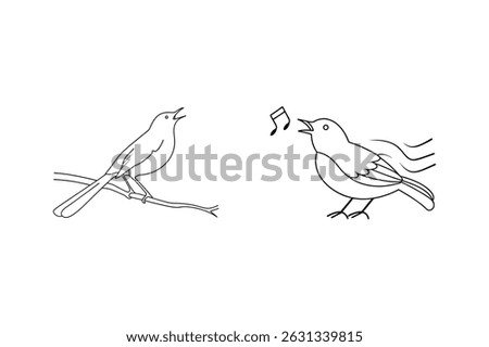 Two singing birds simple black and white line art illustration on white background