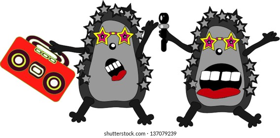 Two singing gray hedgehogs. Vector illustration. 10 eps.