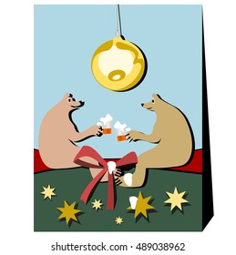 Two single bears in friendly conversation over a beer. Environment evokes Christmas associations. Above is lit a big Christmas bulb. Beer foam ran down the ribbon, bear foot, and a gold star.