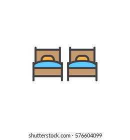 Two single beds line icon, filled outline vector sign, linear colorful pictogram isolated on white. Twin room  symbol, logo illustration