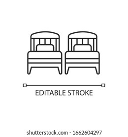 Two single beds pixel perfect linear icon. Hotel room for couple. Private hall. Apartment bedroom. Thin line customizable illustration. Contour symbol. Vector isolated outline drawing. Editable stroke