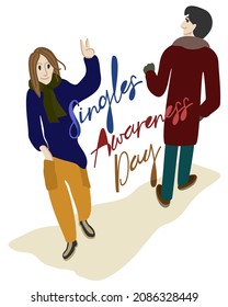 Two single men greeting each other. Singles Awareness Day. It's okay not to have a couple. February 15.