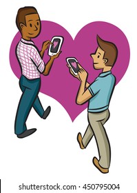 Two single men make a connection with the help of an on-line dating app.