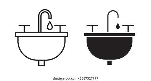 Dos iconos de fregadero: una línea de arte, un negro sólido. Ambos muestran un lavabo con grifo y agua goteando. Aislado en blanco.
