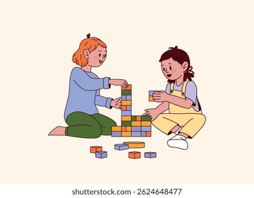Duas irmãs construindo torre colorida de cubos juntos enquanto sentam no chão. Meninas sorridentes brincando e colaborando. Atividade de playtime pré-escolar. Ilustração de vetor plano isolada.