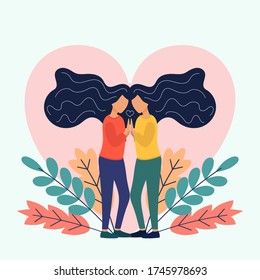 Two Sisters. flat vector illustrations of two happy twins loving and supporting each other. Family, sisterhood, twins holding hands. . Vector illustration