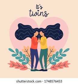 Two Sisters. flat vector illustrations of two happy twins loving and supporting each other. Family, sisterhood, twins holding hands. Vector illustration