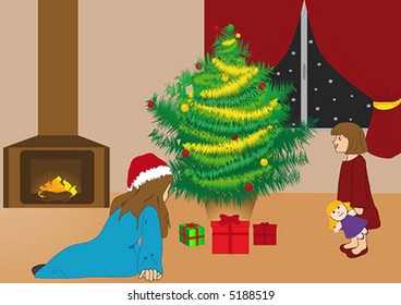 Two sisters looking to a Christmas tree full of gifts.