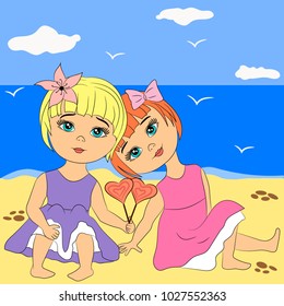 Two sisters sitting on the beach.