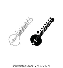 Dos ilustraciones de sitar, una delineada en negro sólido lado a lado