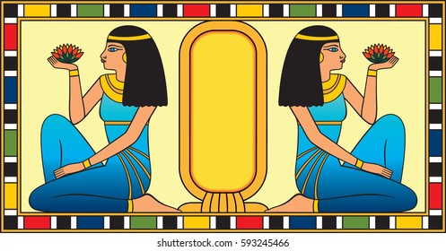 two sitting Egyptian women holding a Lotus flower in the hand/ vector illustration