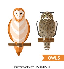 Two sitting owls front view flat decorative emblems set isolated vector illustration