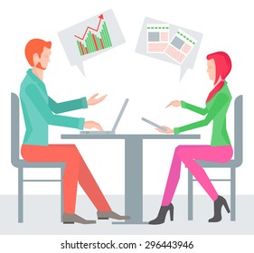 Two sitting sideways at the table business people from different spheres of activity with clouds icon over his head. Vector Illustration